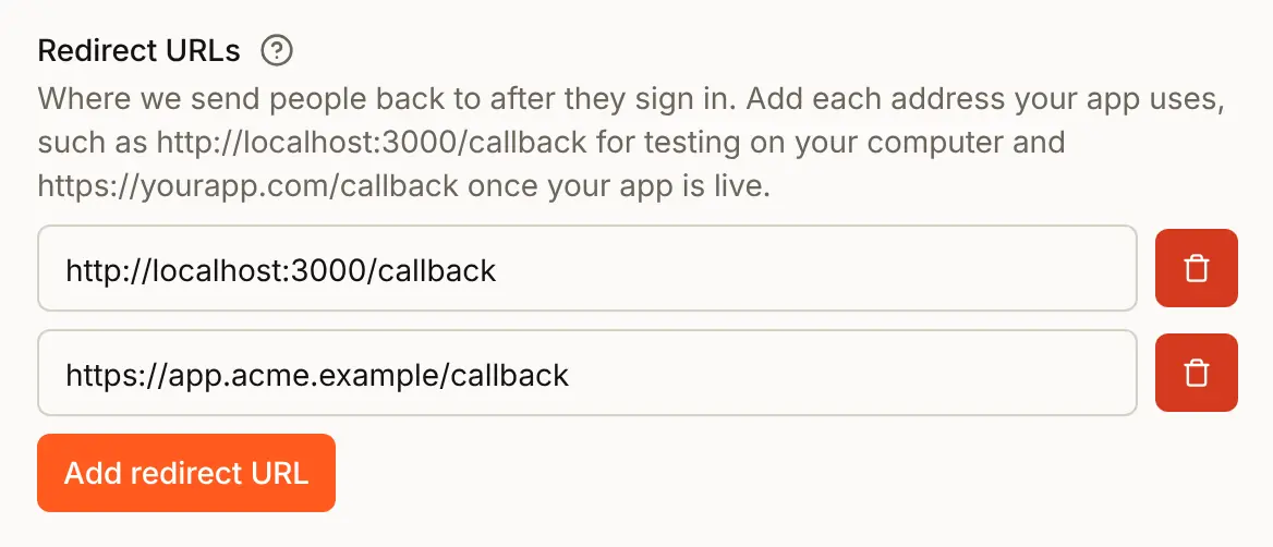 Redirect URLs in the Edit auth setting sheet for Acme Analytics: http://localhost:3000/callback for testing and https://app.acme.example/callback for the live app, each with a remove button, and an Add redirect URL button below