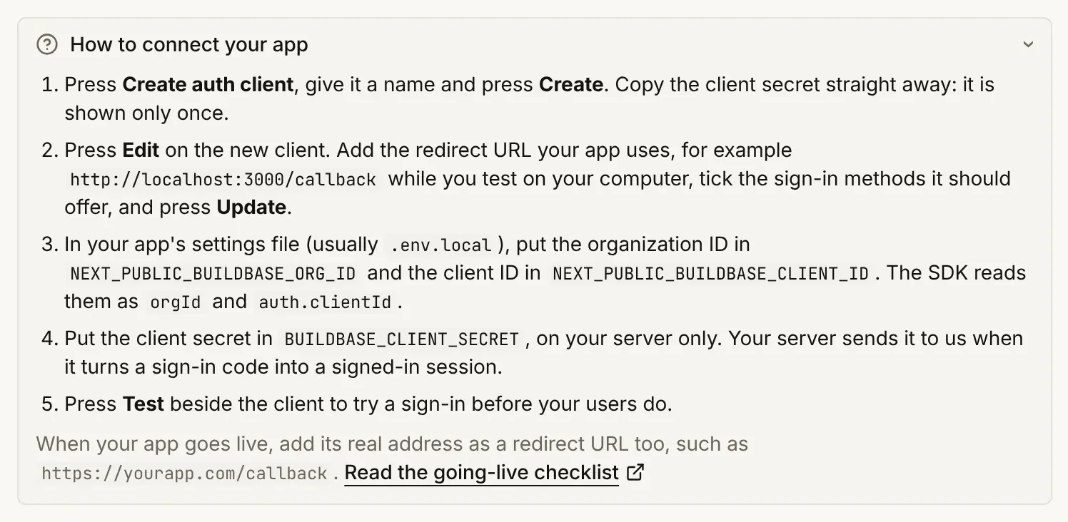 How to connect your app, open on the Settings tab: five numbered steps, from pressing Create auth client and copying the client secret, through adding a redirect URL and ticking methods with Edit, to the three settings your app needs and pressing Test