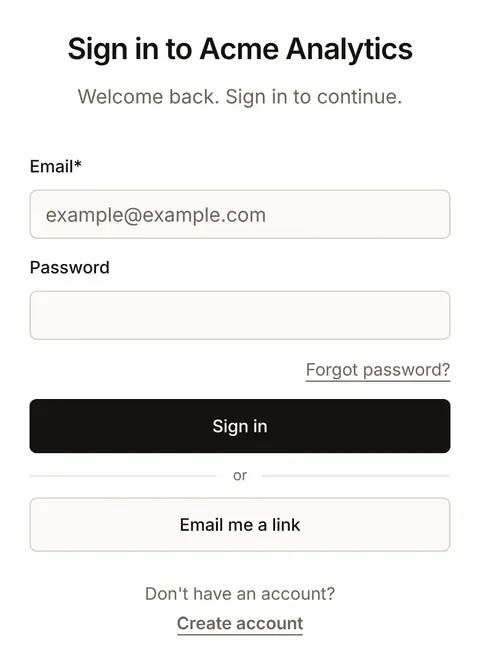 The same sign-in page on a phone: the card fills the width of the screen, with the same fields and buttons one under another
