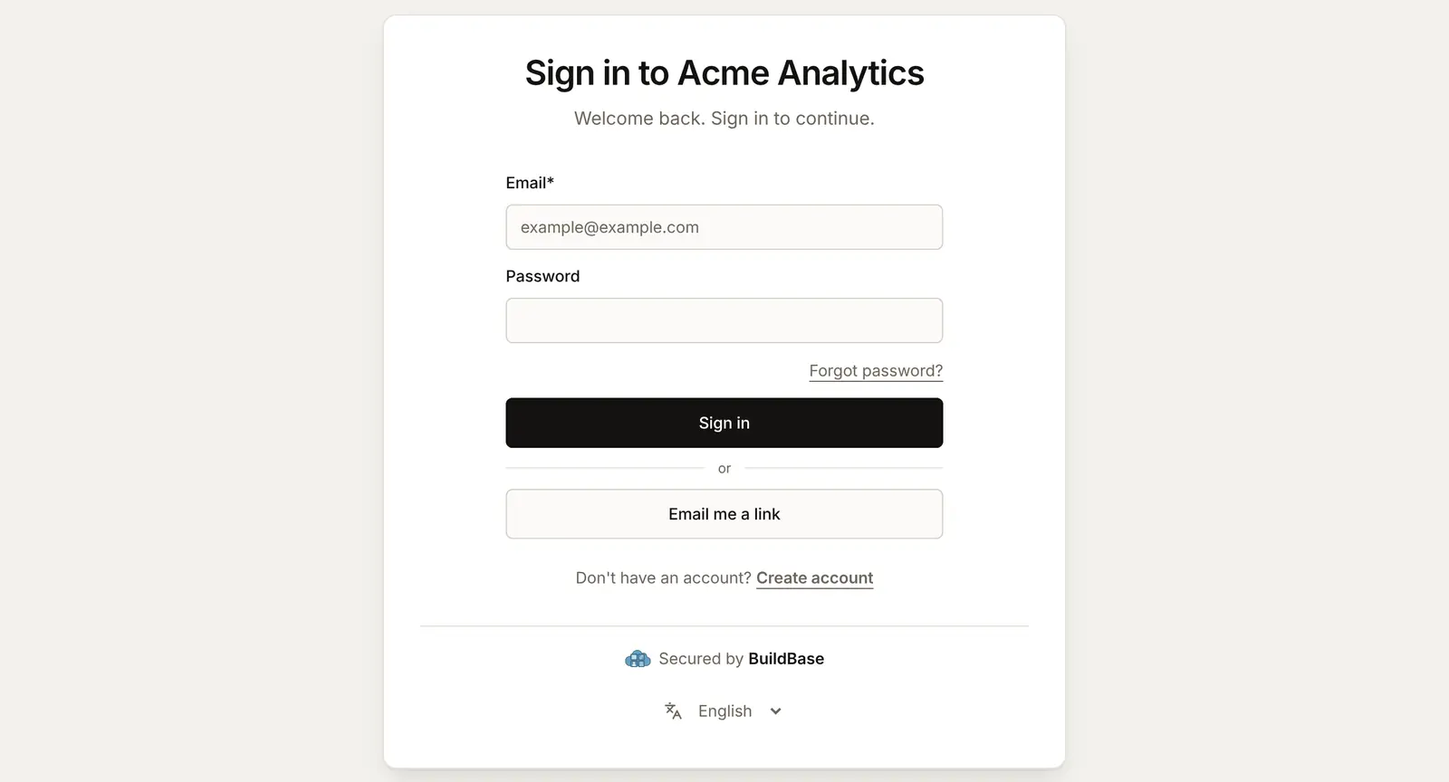 The hosted sign-in page for Acme Analytics: "Sign in to Acme Analytics", Email and Password fields, a Forgot password? link, a Sign in button, then "or" and an Email me a link button, and Create account at the bottom