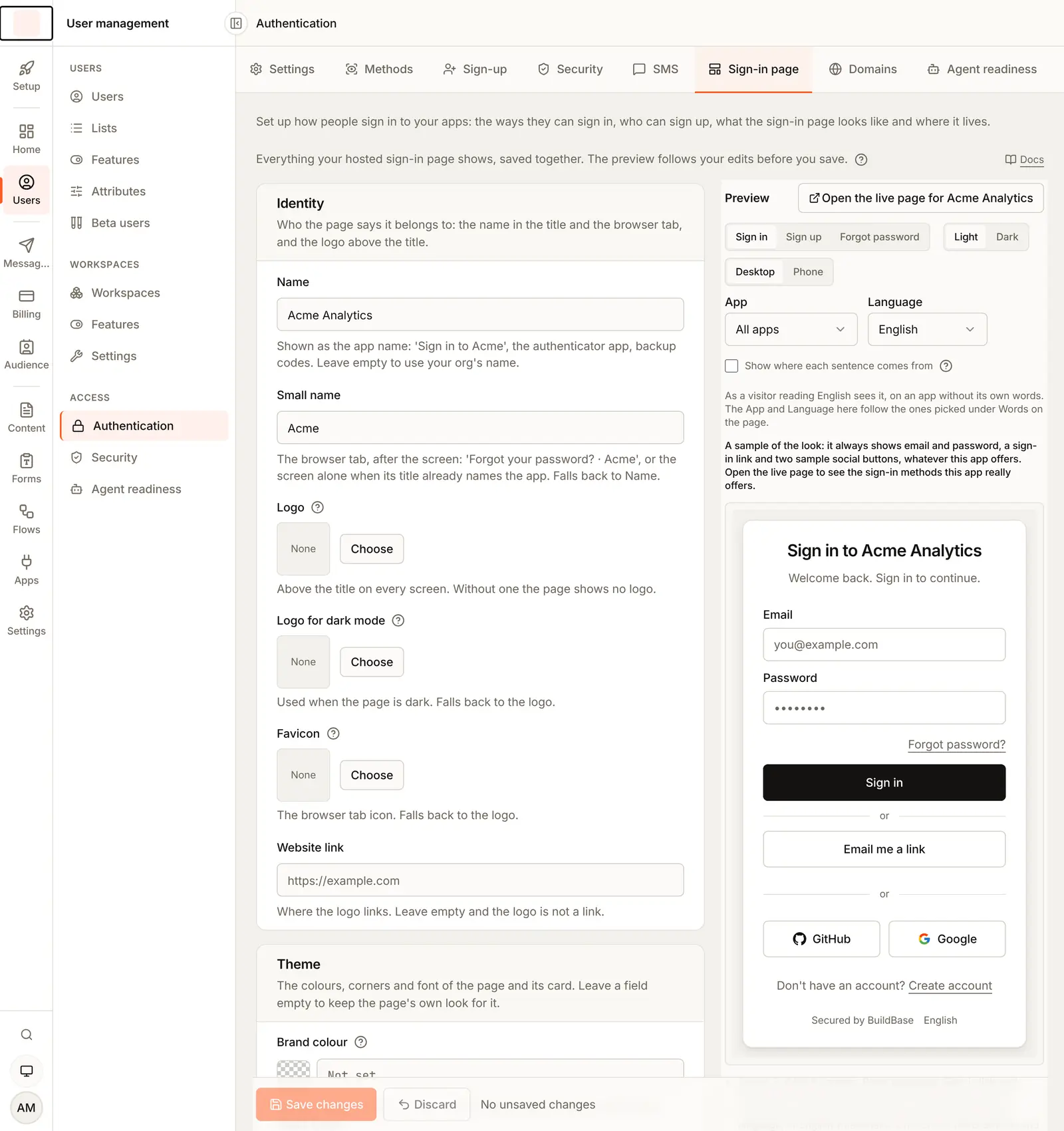 The Sign-in page tab: the page settings on the left, starting with Identity, and on the right a Preview of the sign-in card with choices for the screen, light or dark and desktop or phone, and an Open the live page for Acme Analytics button