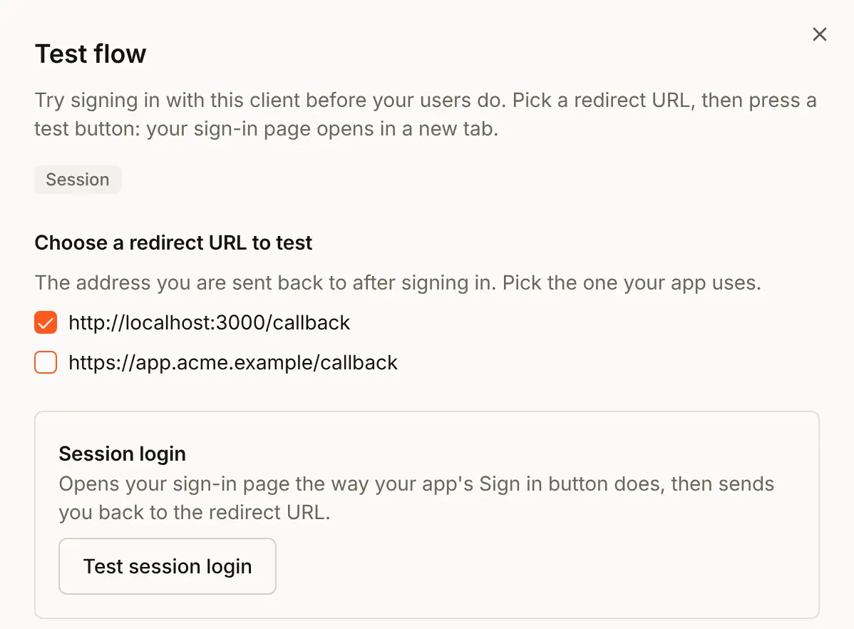 The Test flow sheet for Acme Analytics: http://localhost:3000/callback is ticked under Choose a redirect URL to test, and the Session login box has a Test session login button that opens the sign-in page in a new tab
