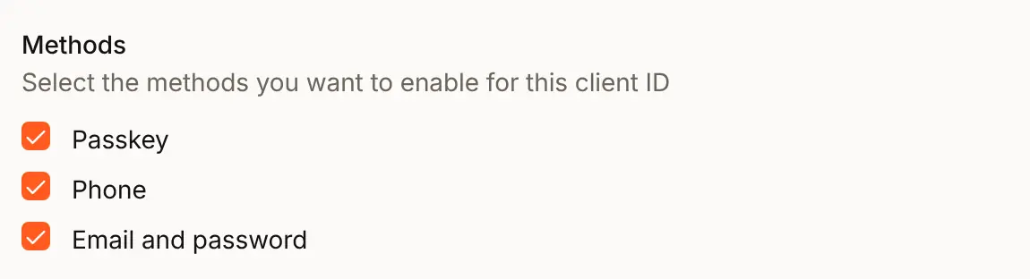 The Acme Analytics client sheet, Methods: Passkey ticked beside Phone and Email and password