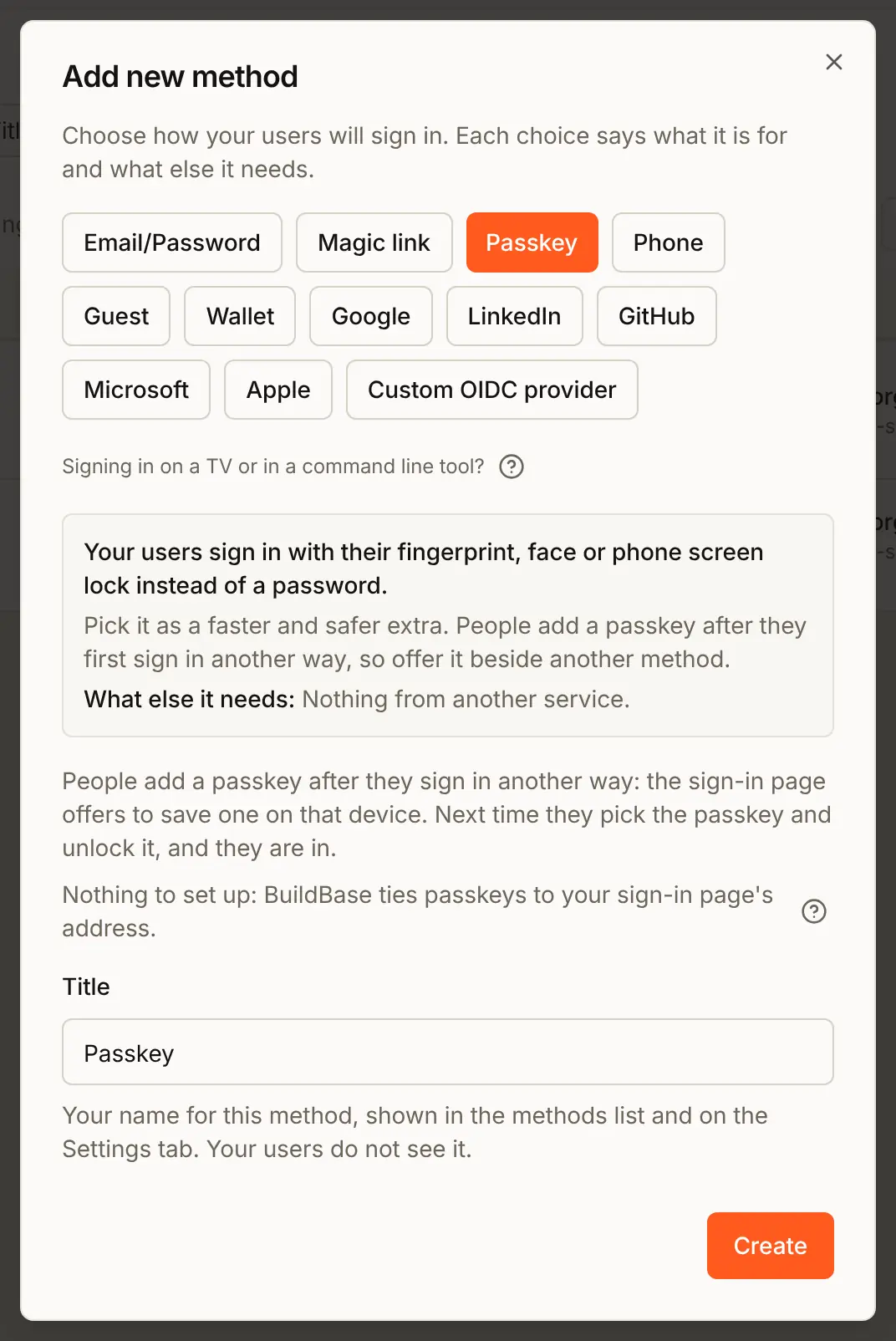 Passkey chosen in the Add new method dialog: what it does, when to pick it, How to set up passkeys, a note about the passkey domain, the Title box filled with Passkey, and Create