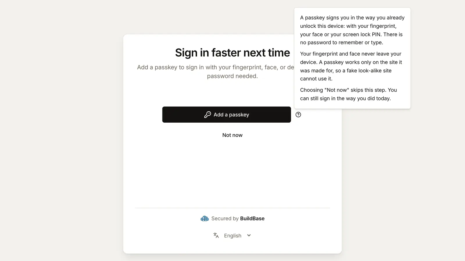 What is a passkey? opened on the offer: a passkey signs you in the way you already unlock the device, the fingerprint and face never leave it, and it works only on the site it was made for