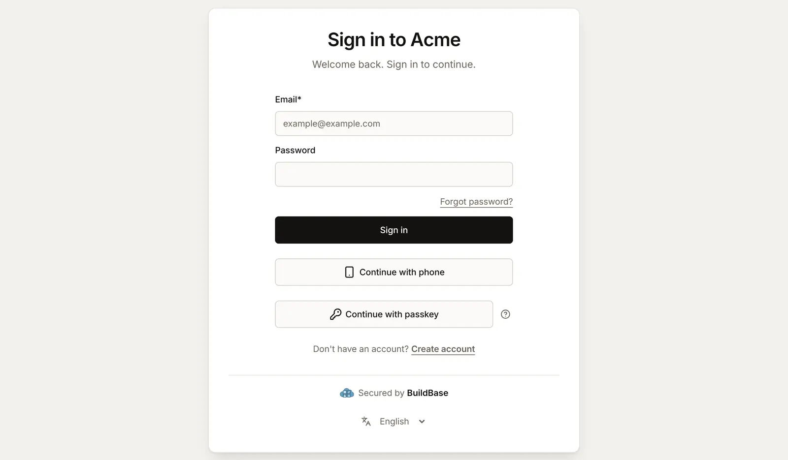 The Acme sign-in page with the Passkey method on: email and password, then Continue with phone and a passkey button under the divider