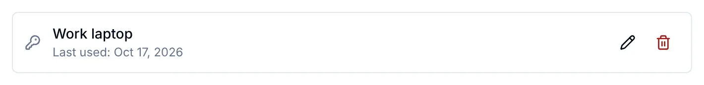 The passkey renamed Work laptop, now showing the date it was last used to sign in, with its rename and remove buttons