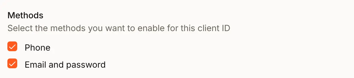 The Acme Analytics client sheet, Methods: Email and password and Phone both ticked