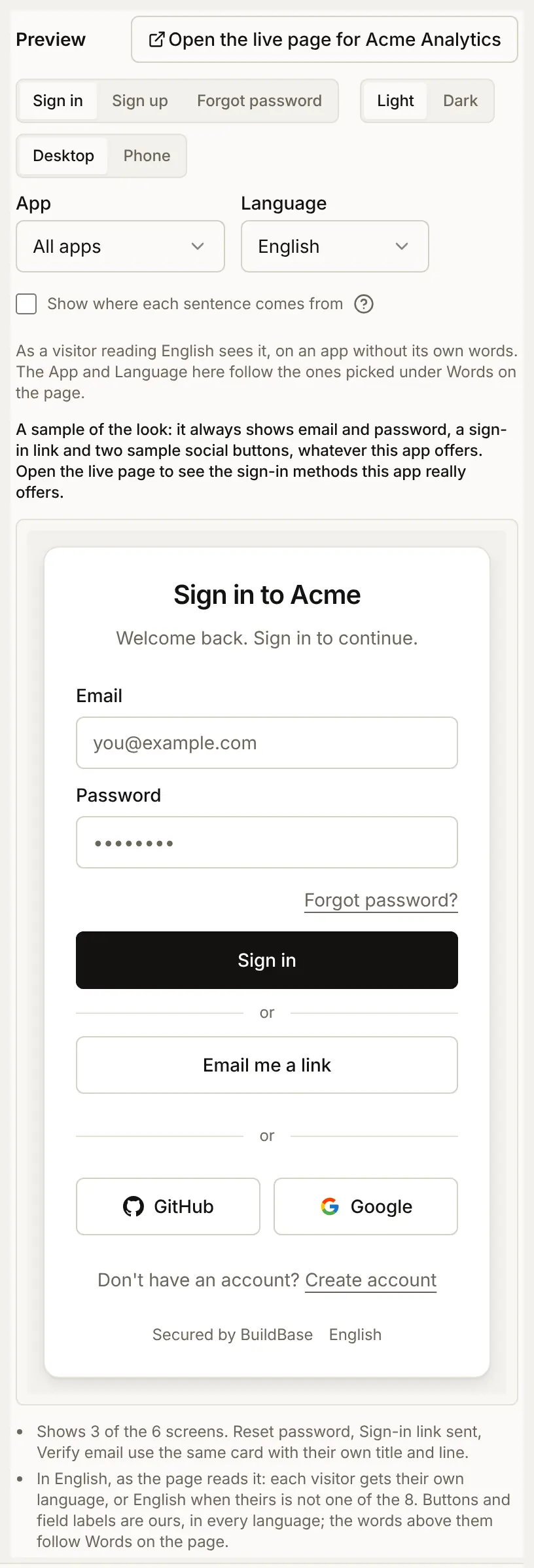 The Preview on the Sign-in page tab: a sample card titled Sign in to Acme, and above it the button Open the live page for Acme Analytics