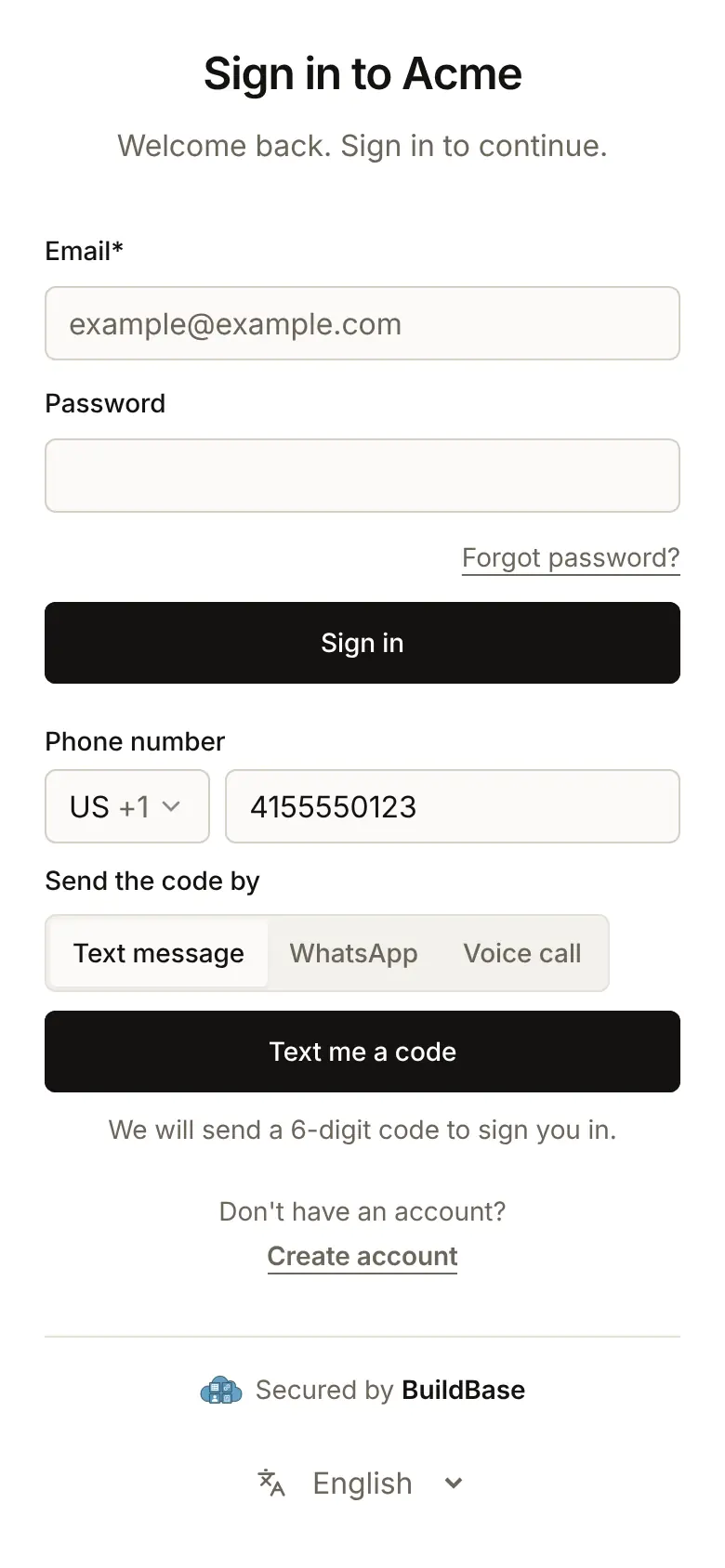 The phone form at phone width: the country picker, the number 415 555 0123, the three ways to send the code and Text me a code, filling the screen