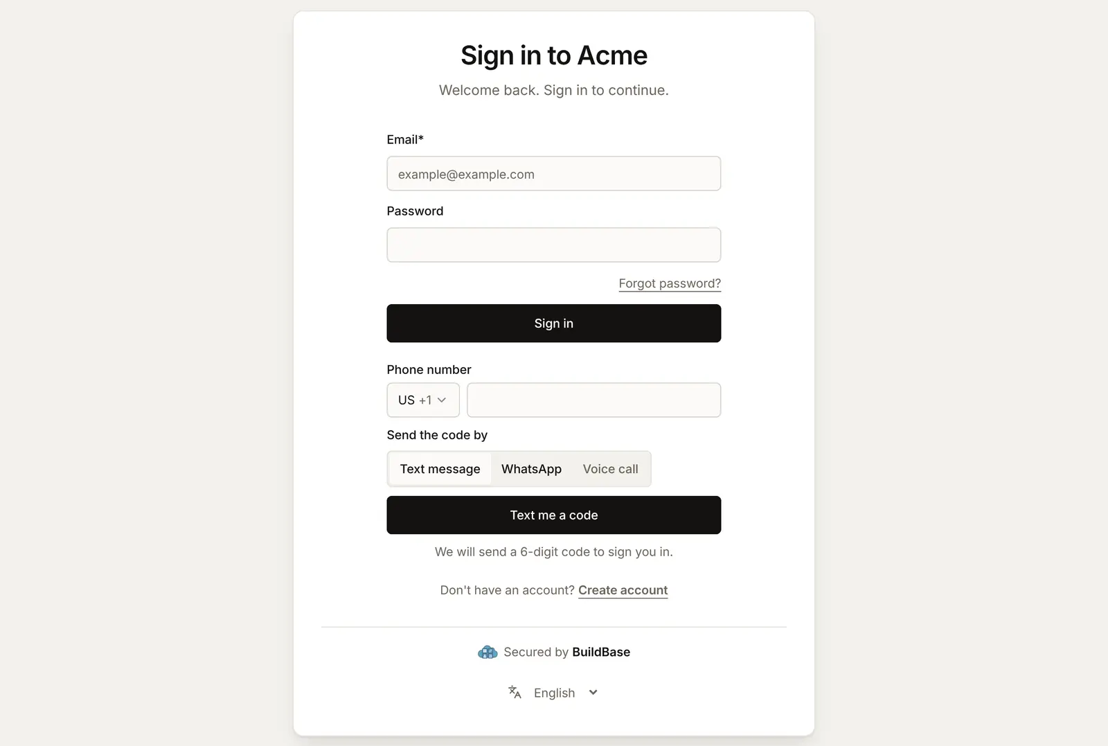 The phone form on the sign-in page: Country United States (+1), Phone number, Send the code by Text message, WhatsApp or Voice call, and the button Text me a code