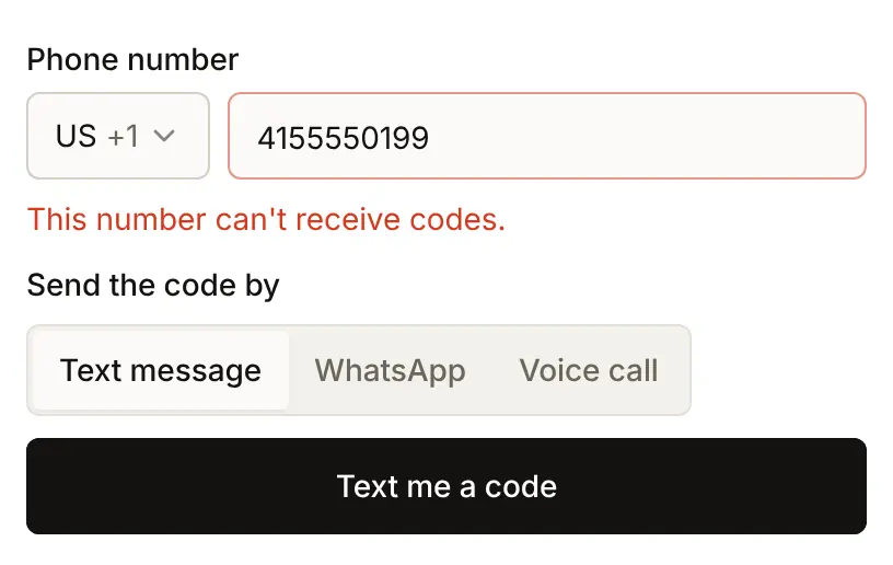 A number the provider refused: under the phone number the page says This number can't receive codes.