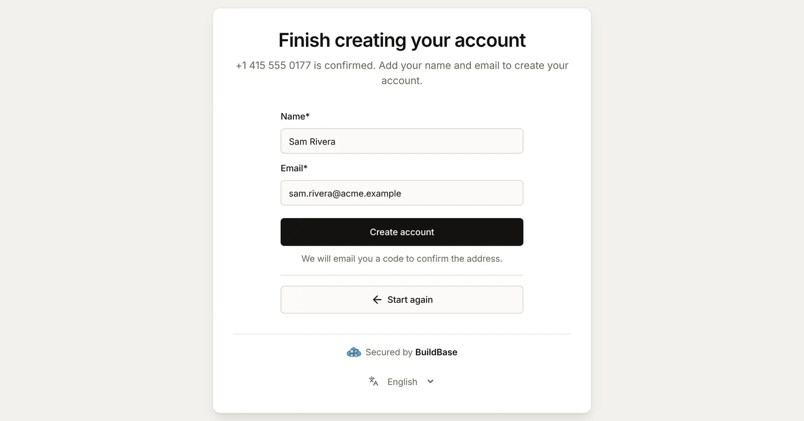 Finish creating your account: the number is confirmed, and the form asks for a name, Sam Rivera, and an email, sam.rivera@acme.example