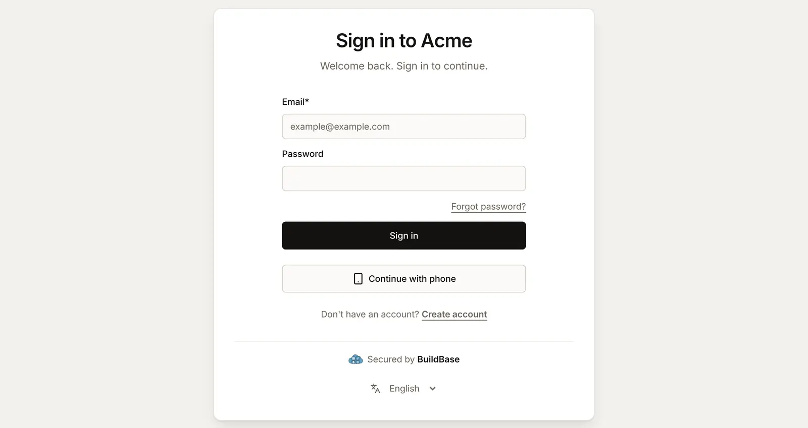 The live Acme sign-in page: email and password, then a Continue with phone button