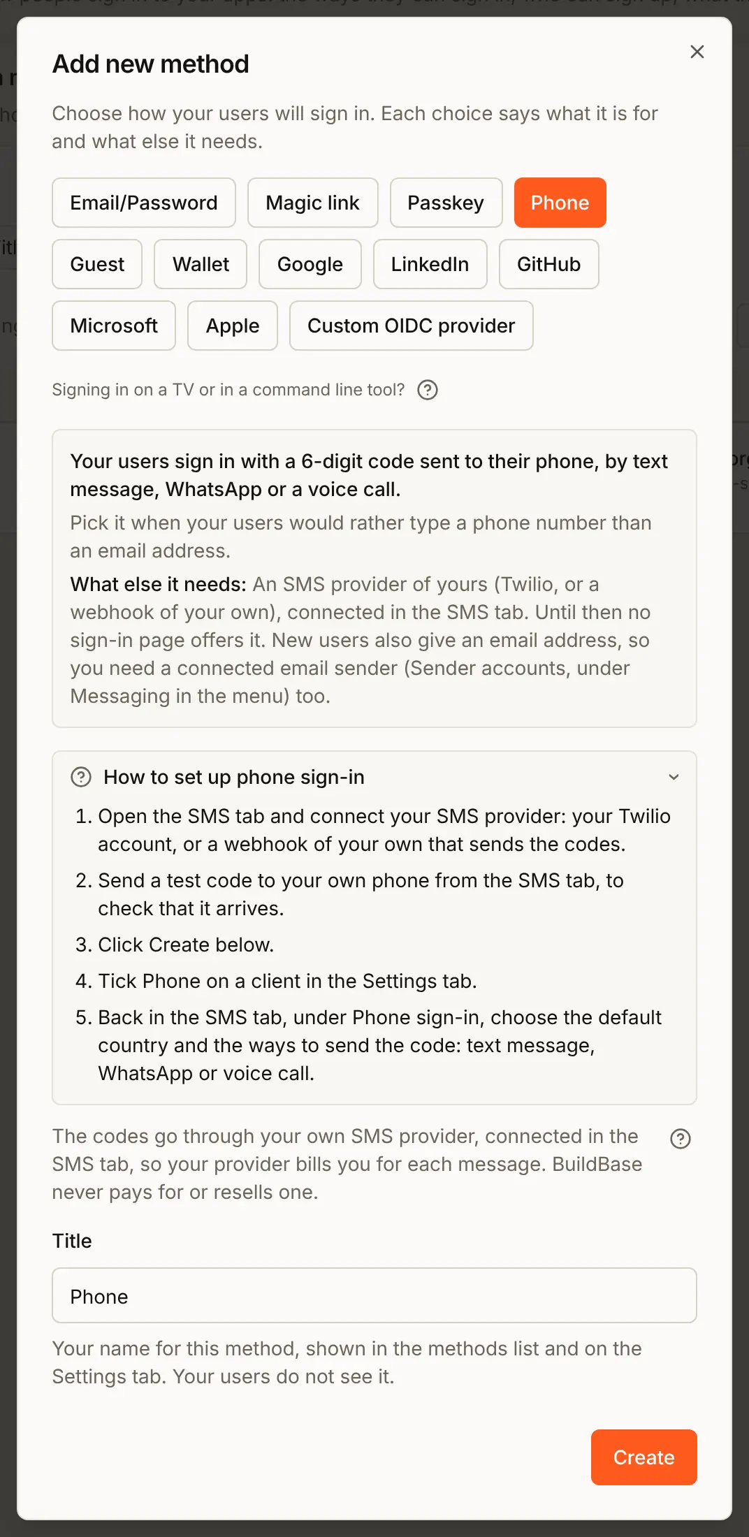 Phone chosen in the Add new method dialog: what it does, when to pick it, How to set up phone sign-in, the Title box filled with Phone, and Create