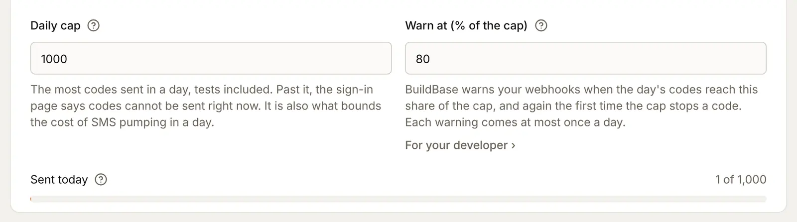 The limits: Daily cap 1000, Warn at 80 percent of the cap, and Sent today against the cap of 1,000