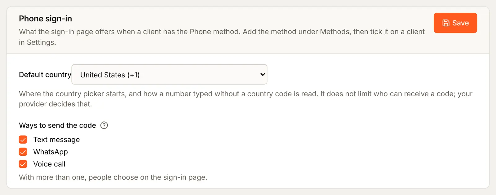 The Phone sign-in card: Default country United States (+1), Ways to send the code with Text message, WhatsApp and Voice call ticked, and a Save button