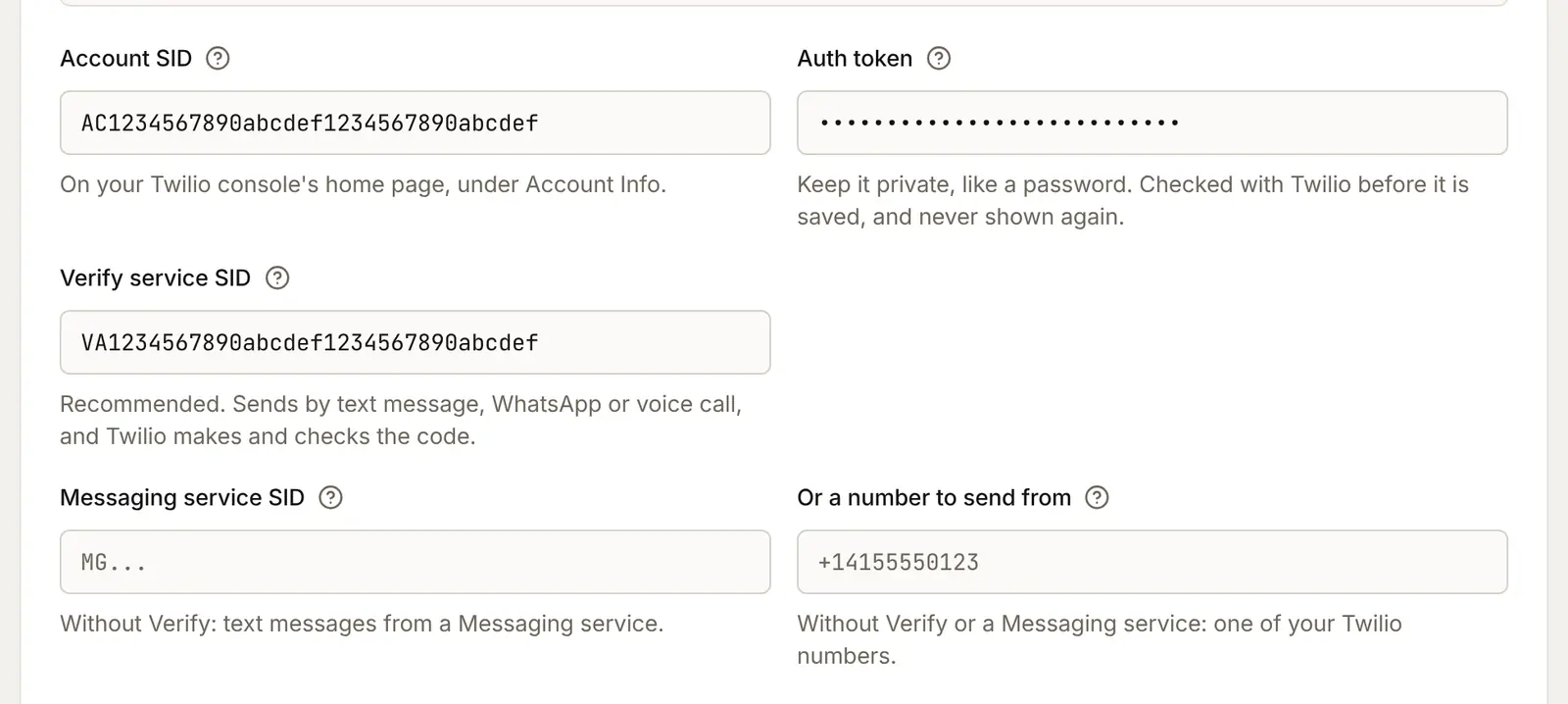 The Twilio fields filled with example values: Account SID AC1234567890abcdef1234567890abcdef, the Auth token hidden as dots, Verify service SID VA1234567890abcdef1234567890abcdef, and the Messaging service SID and number left empty