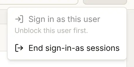 The More menu on a blocked user's page: Sign in as this user is unavailable, with the reason Unblock this user first