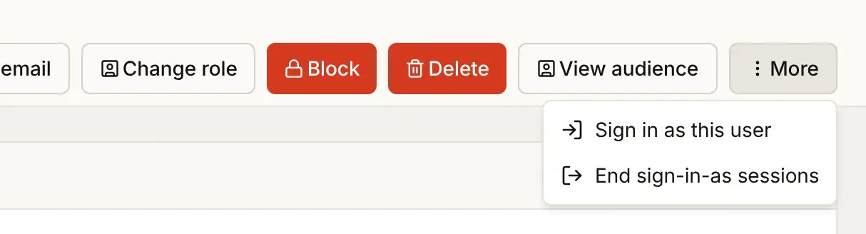 The More menu on Jamie Chen's page in the console, open: Sign in as this user and End sign-in-as sessions among the actions