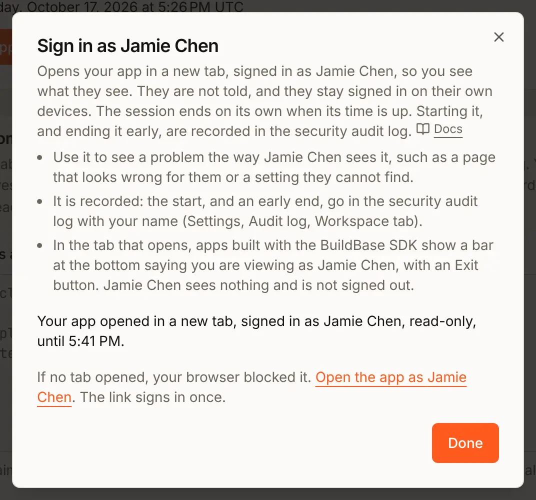 The dialog after Open the app: your app opened in a new tab, signed in as Jamie Chen, read-only, and a link to open it in case the browser blocked the tab