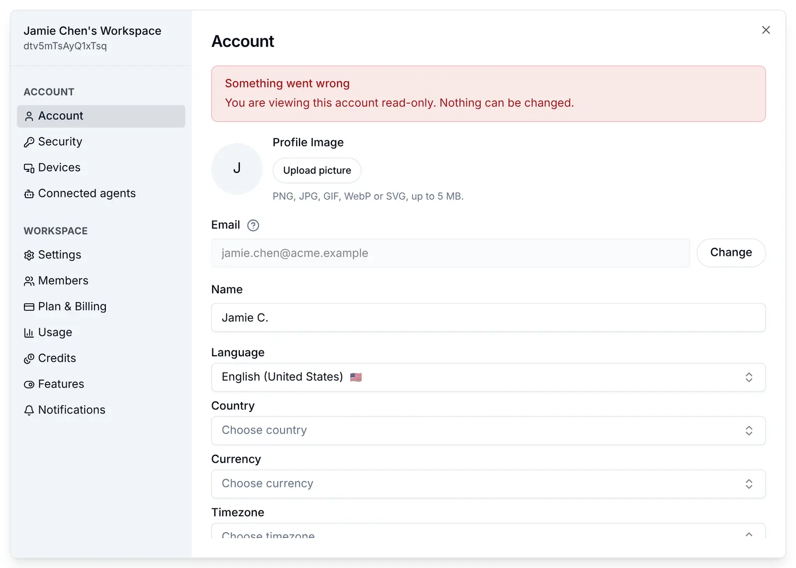 The Account screen in the app during a read-only session: saving a new name is refused with You are viewing this account read-only. Nothing can be changed