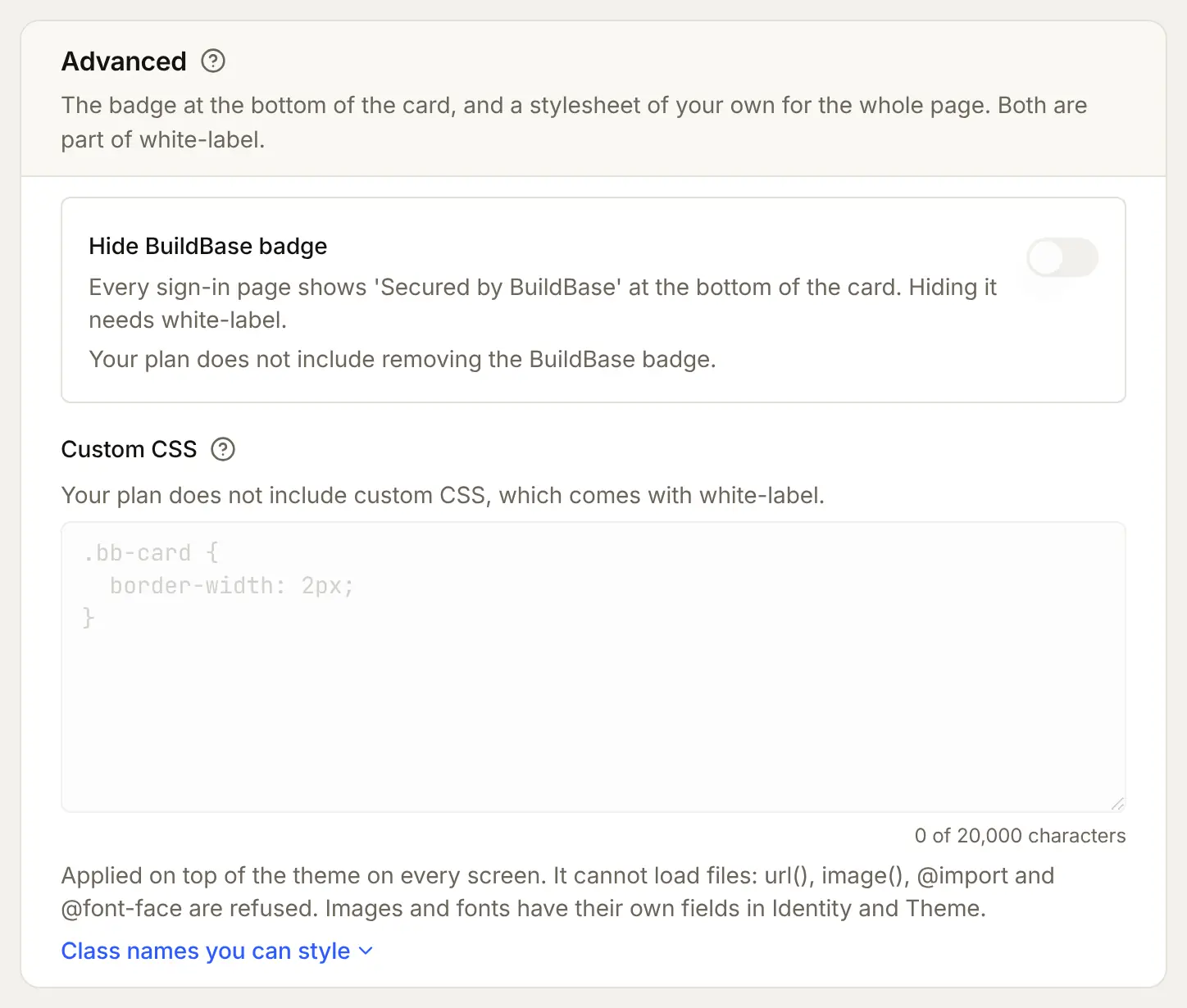The Advanced card on a plan without white-label: Hide BuildBase badge switched off and Custom CSS locked, each saying it comes with white-label, with the 20,000 character limit and what the stylesheet cannot load