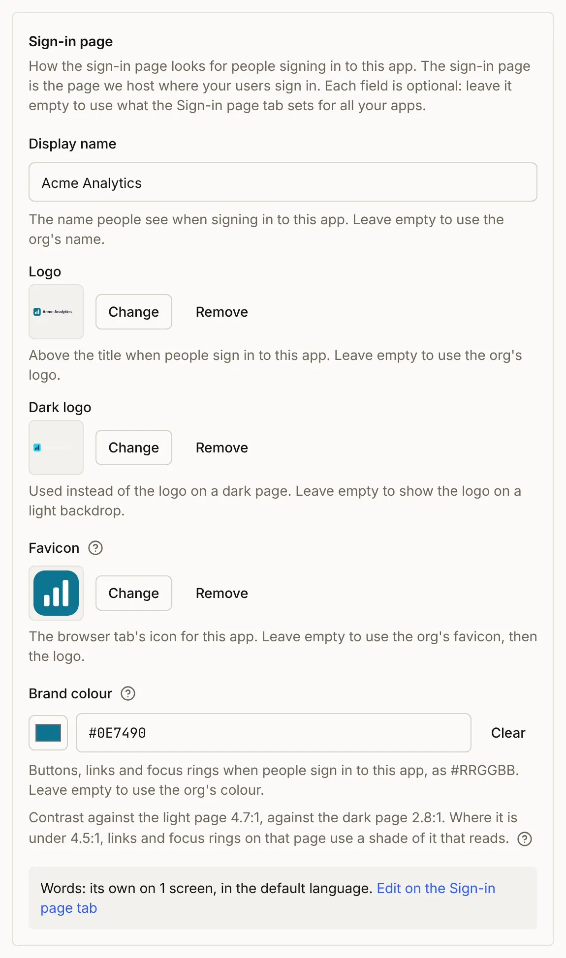 The Sign-in page section in the Edit auth setting sheet for Acme Analytics: Display name Acme Analytics, its own logo, dark logo and favicon, and the brand colour #0E7490