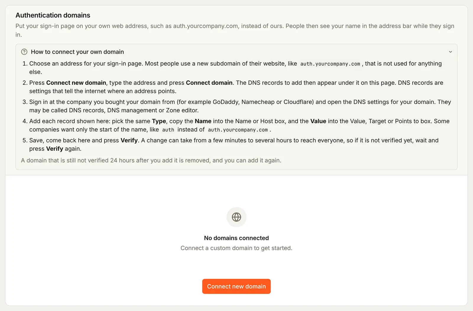 The Domains tab: Authentication domains, the five steps of How to connect your own domain, No domains connected, and the Connect new domain button