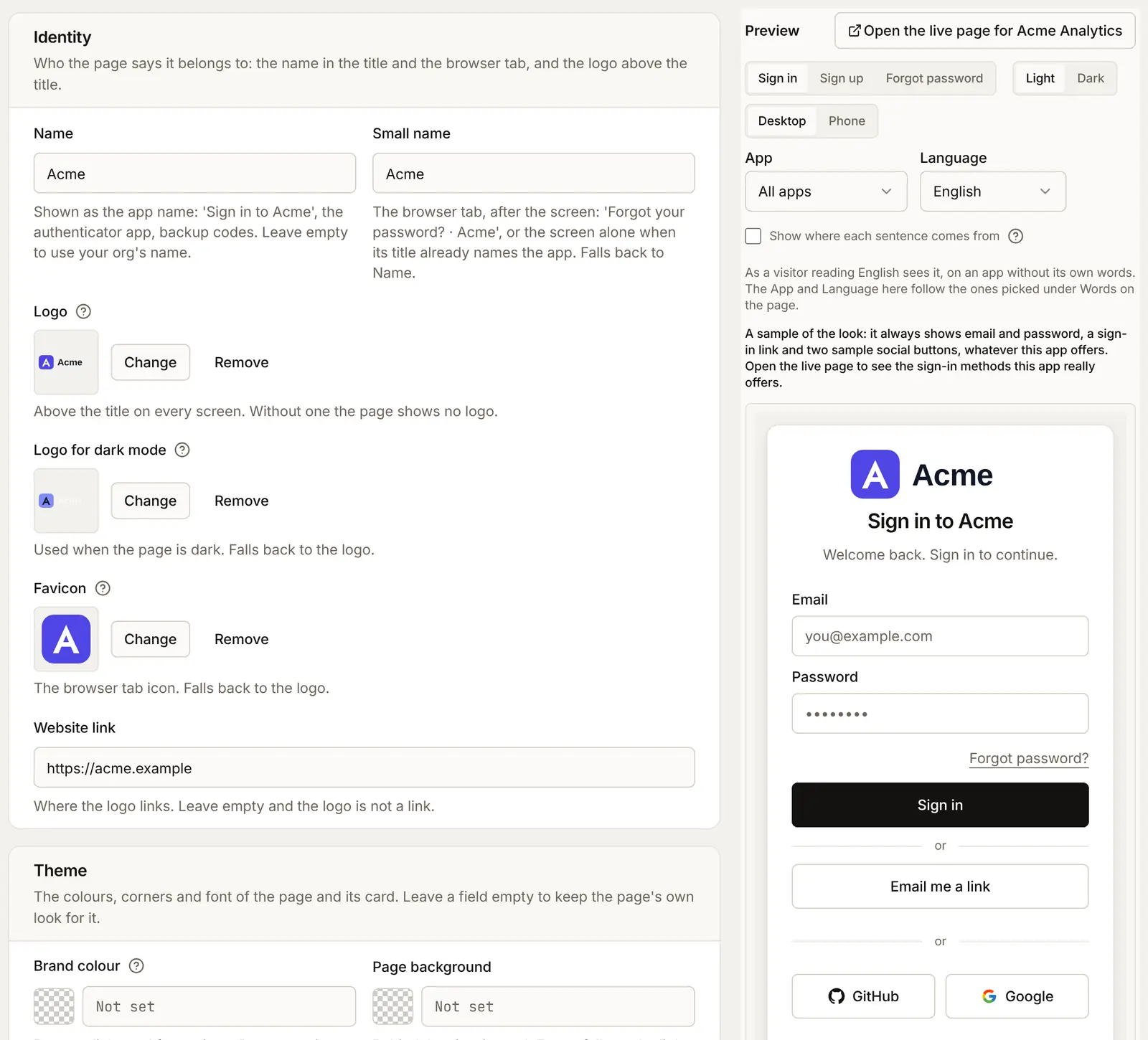 The Identity card of the Sign-in page tab: Name Acme, Small name Acme, the Acme logo, a white version for dark mode, the favicon and the website link https://acme.example, beside the preview showing the logo and Sign in to Acme