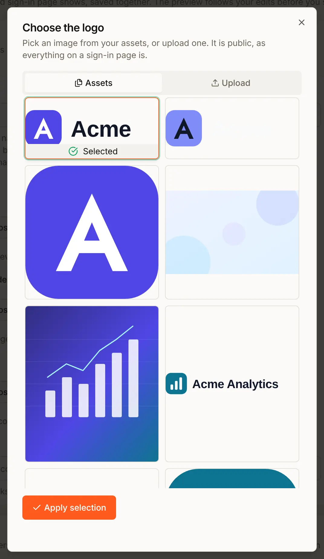 The Choose the logo dialog: the Assets tab showing the organization's images as tiles, the Acme logo selected, an Upload tab, and Apply selection
