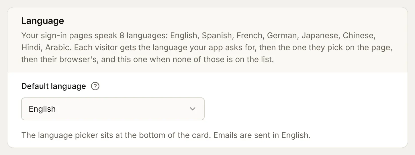 The Language card: the sign-in pages speak 8 languages, the order a visitor's language is chosen in, and the Default language English
