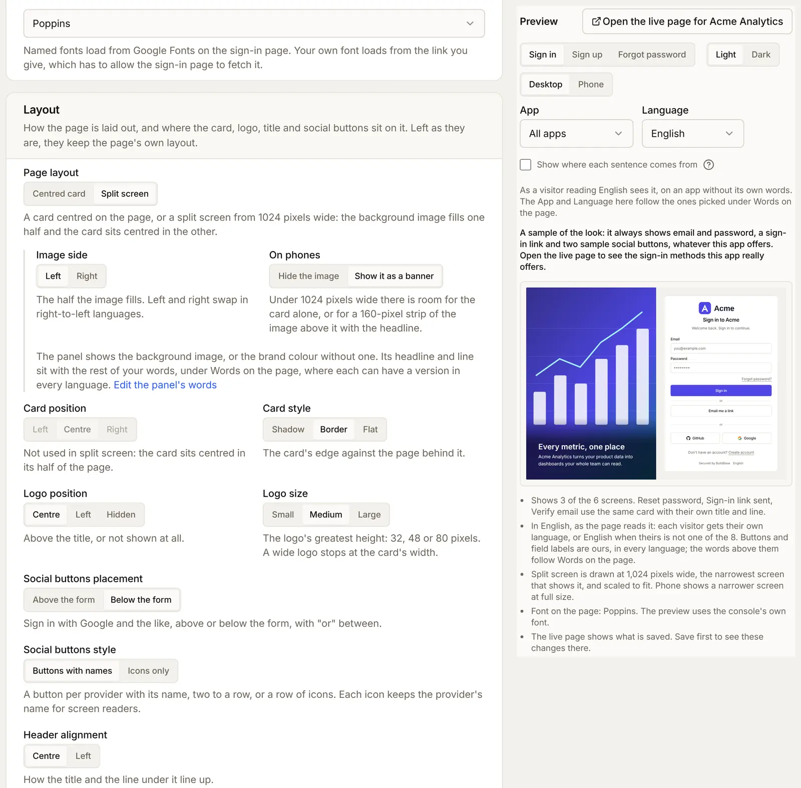 The Layout card with Split screen chosen: Image side Left, On phones Show it as a banner, card style Border and logo size Medium, beside the preview showing the image panel with its headline next to the card