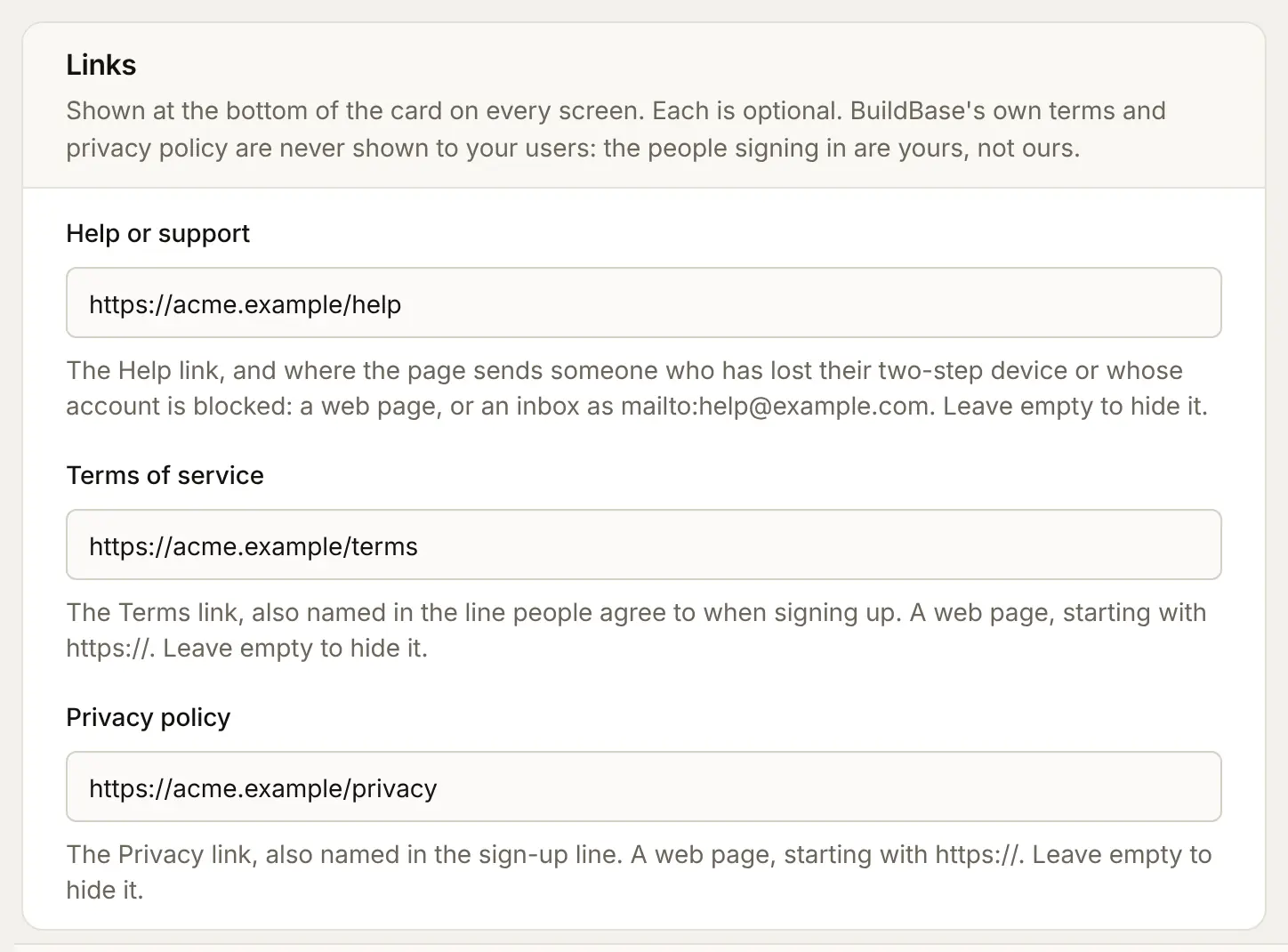 The Links card: Help or support https://acme.example/help, Terms of service https://acme.example/terms and Privacy policy https://acme.example/privacy
