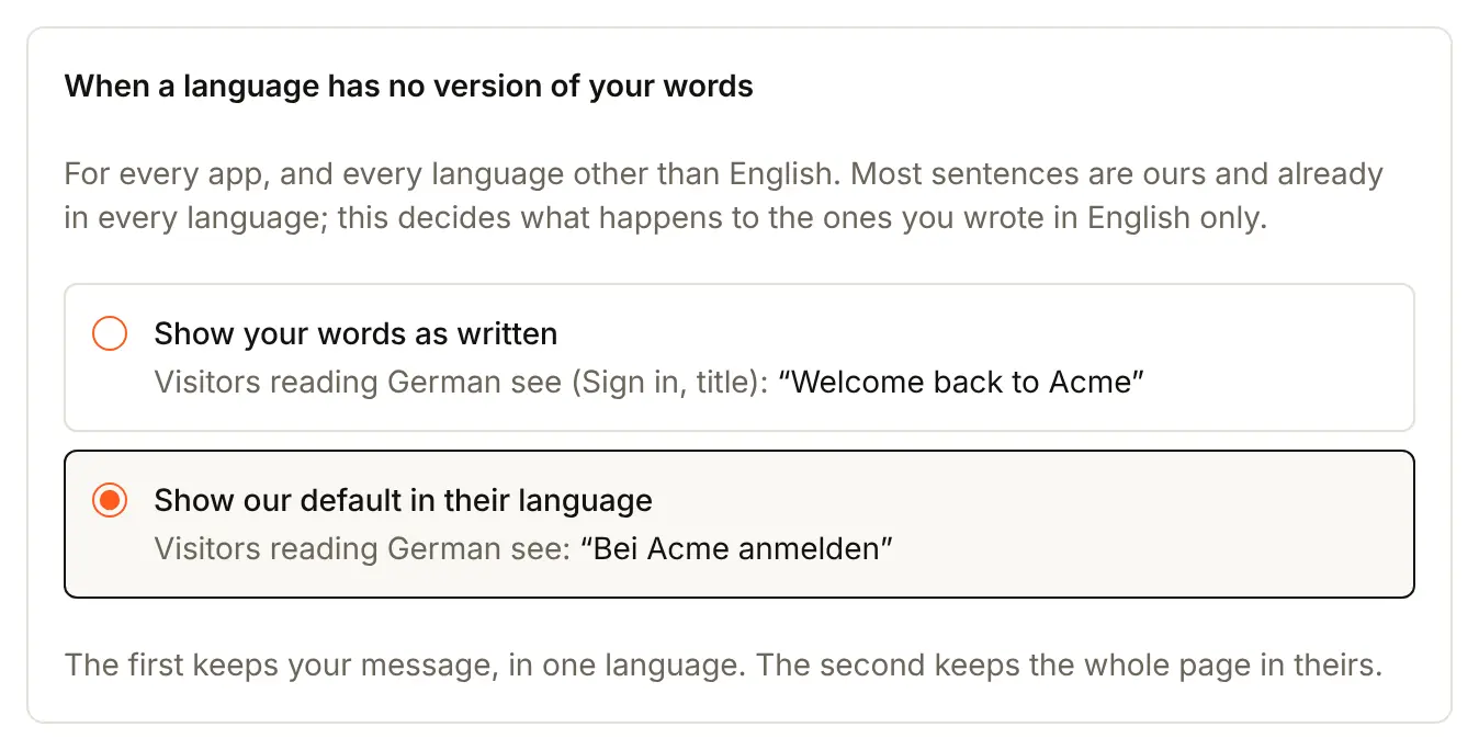 When a language has no version of your words, shown for German: Show your words as written, with the English sentence a German visitor would read, or Show our default in their language, chosen here, with our German sentence