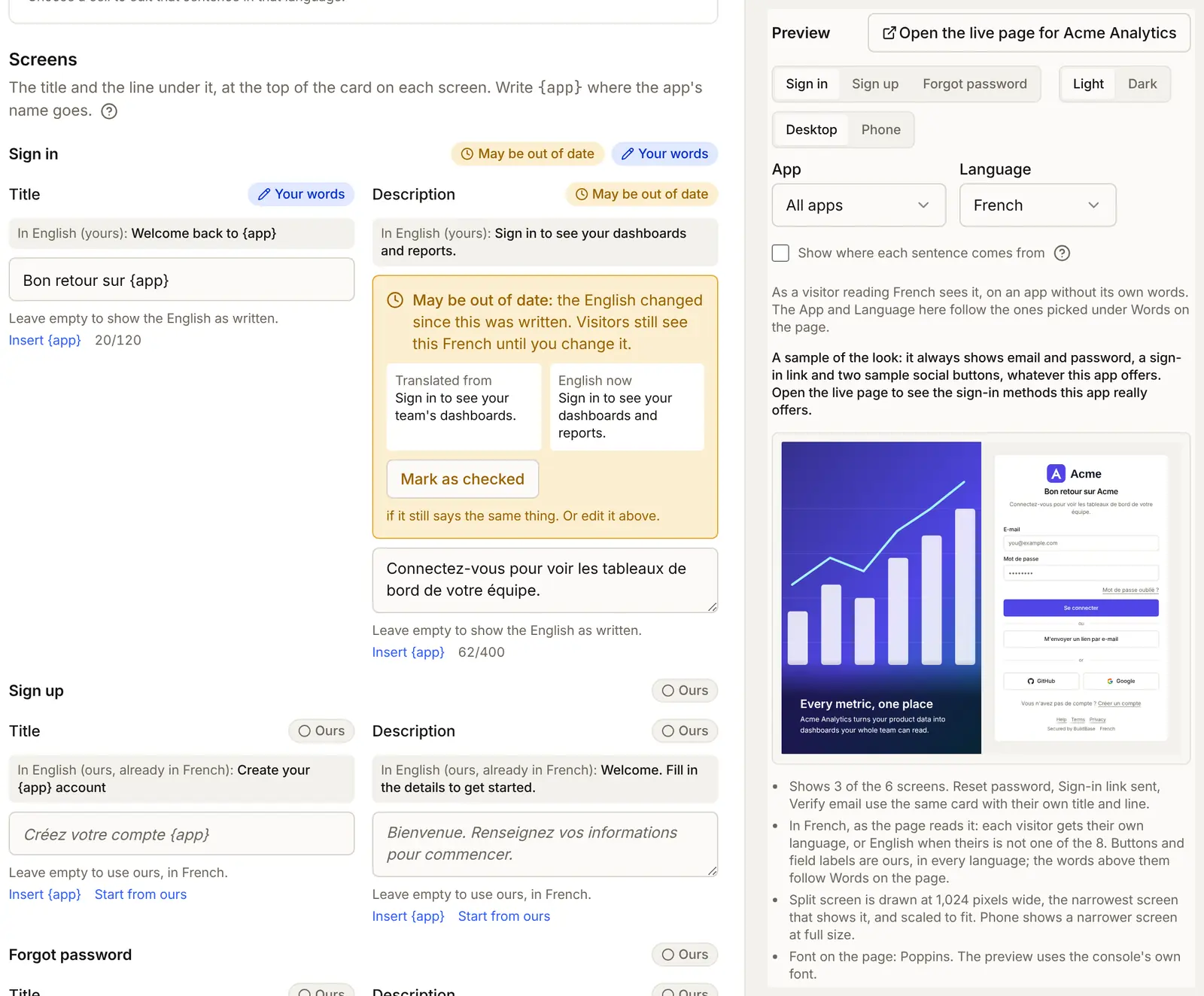 Words on the page in French: the Sign in description is marked May be out of date, with the English it was translated from beside the English now, and a Mark as checked button; the preview shows the page in French