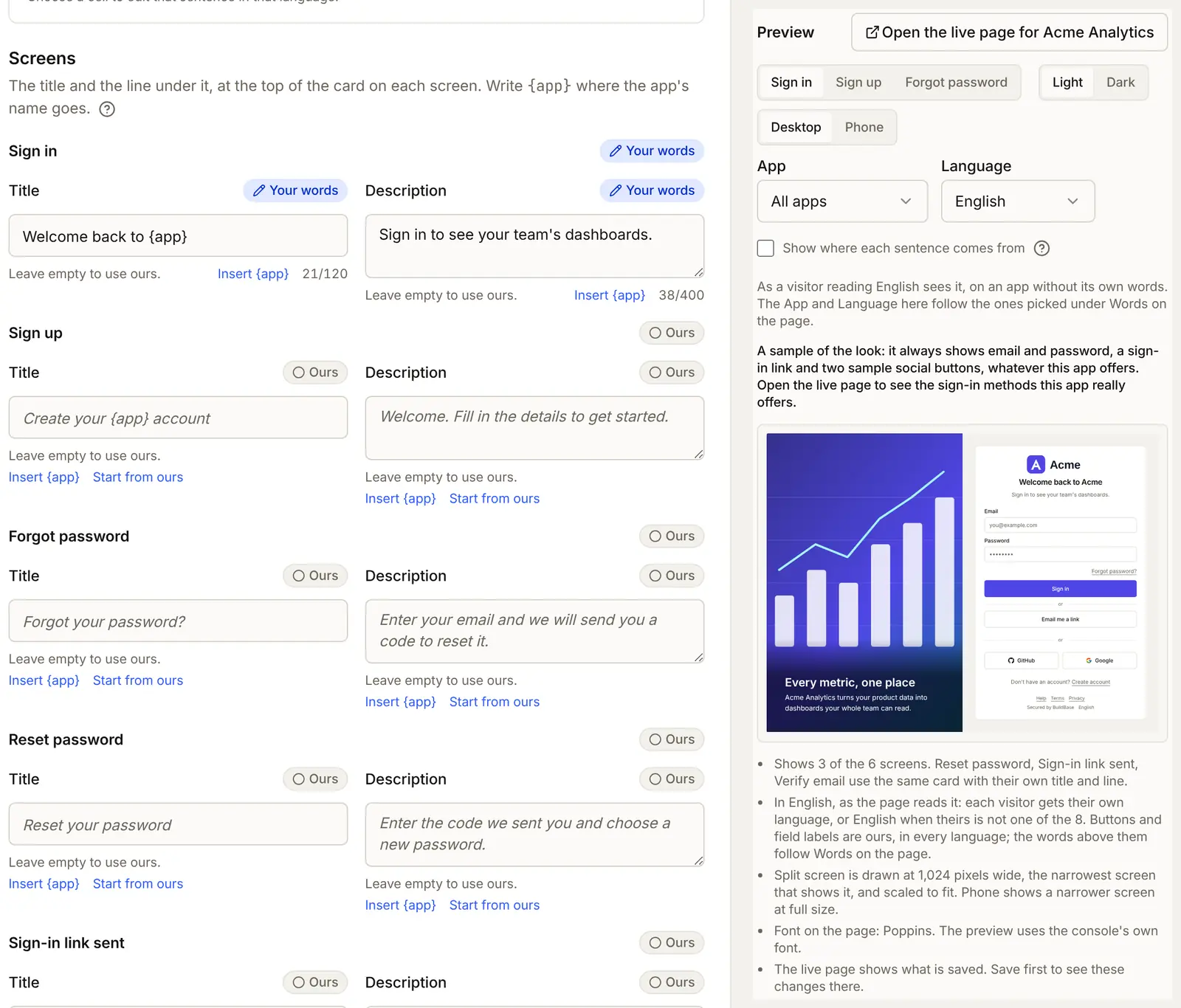 Words on the page, Sign in screen: the Title Welcome back to app and the Description Sign in to see your team's dashboards, marked as your words, beside the preview showing Welcome back to Acme