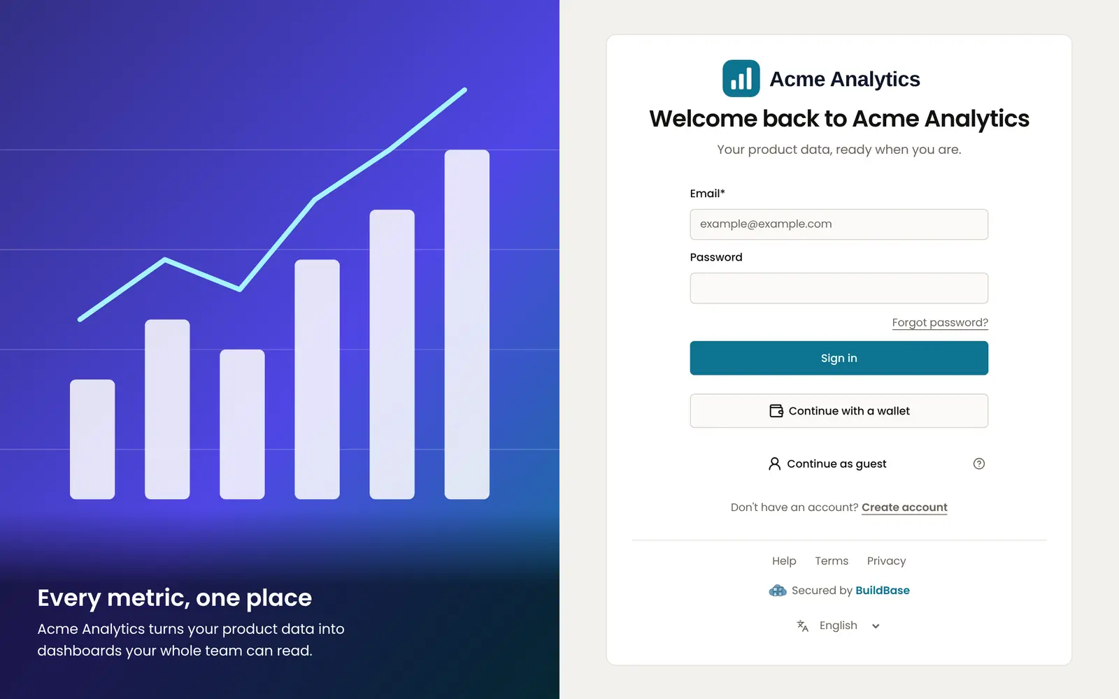 The live page for the Acme Analytics app: its own logo and teal brand colour, the organization's title with the app's name, Welcome back to Acme Analytics, the app's own line Your product data, ready when you are, and the organization's split screen panel