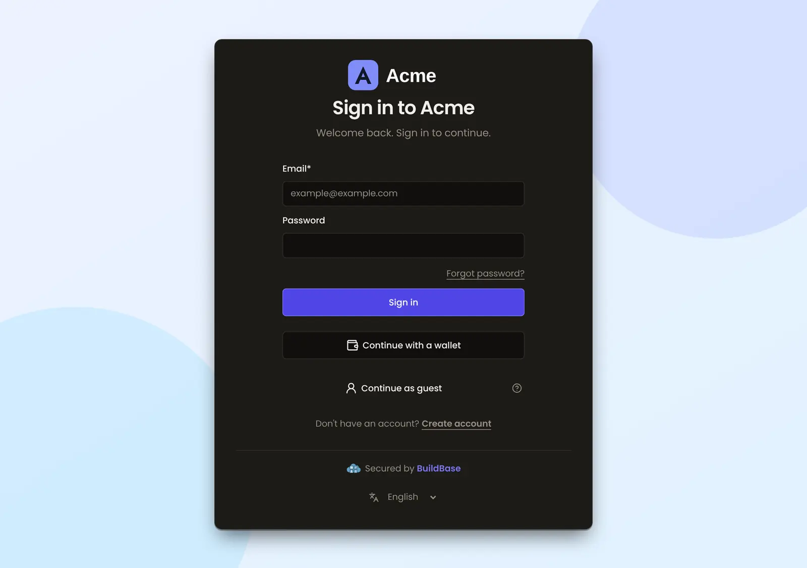The same page on a device set to dark mode: a dark card with the white version of the Acme logo, light text and the brand colour on the button