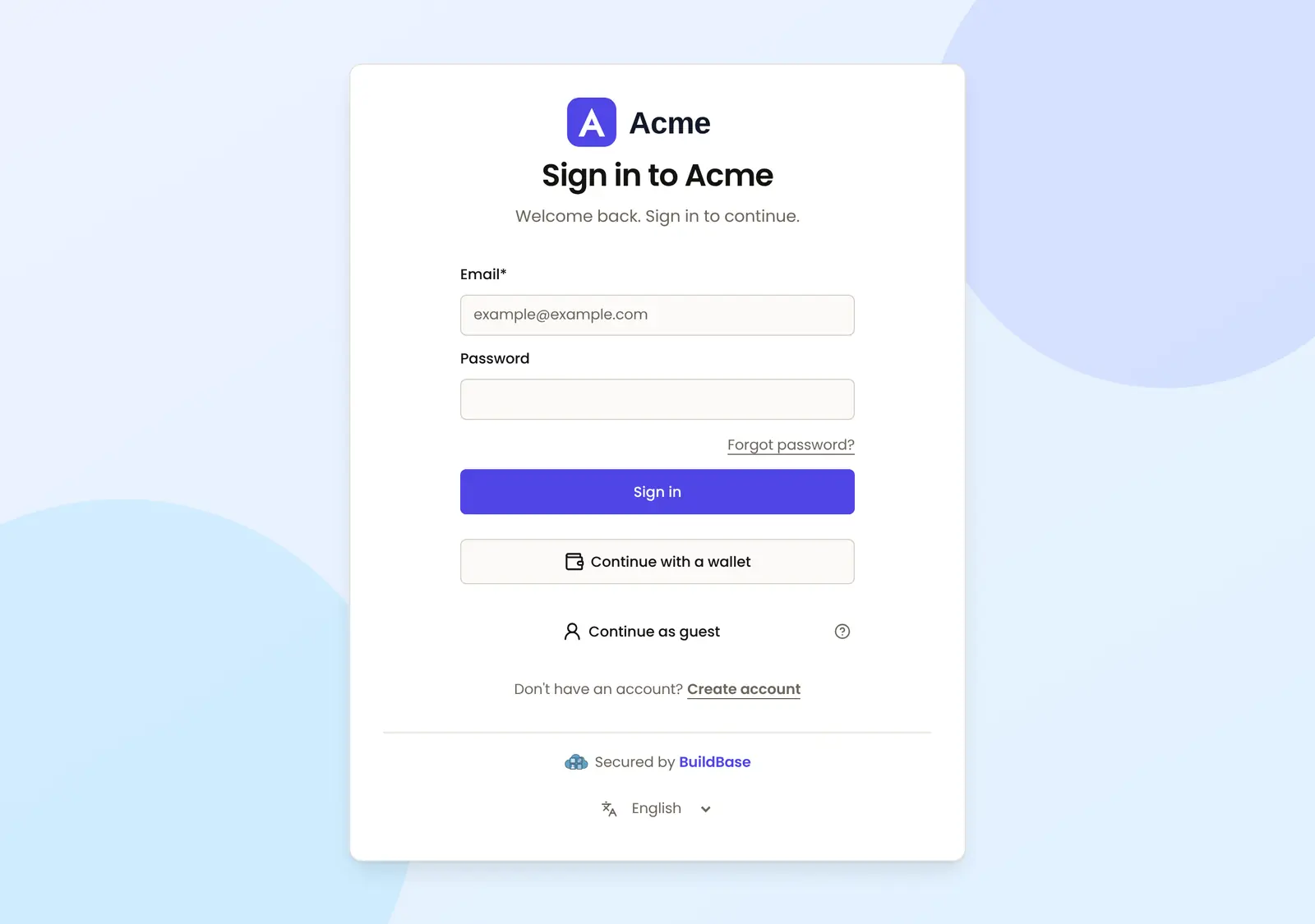 The live Acme sign-in page in light mode: the soft Acme background behind a rounded card with the Acme logo, Sign in to Acme in Poppins, and an indigo Sign in button