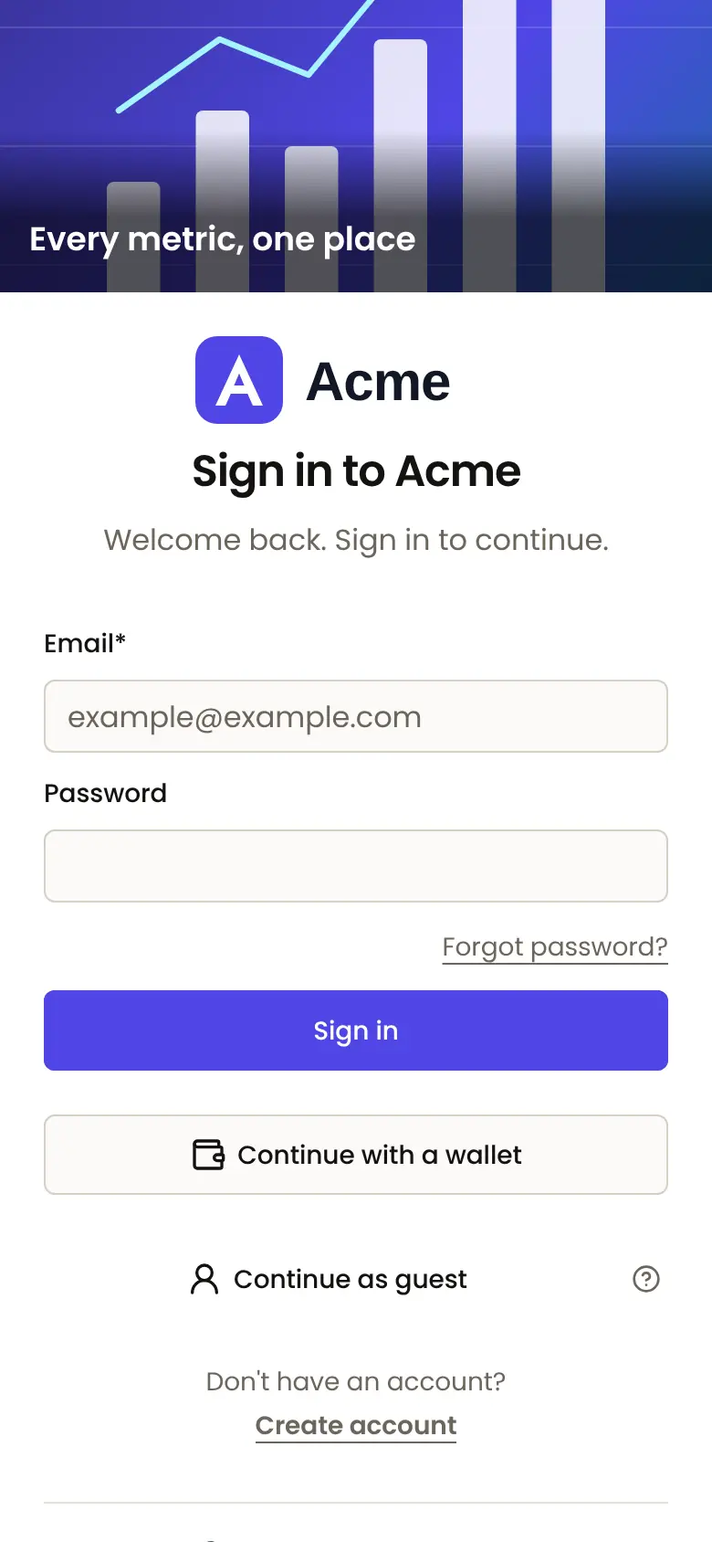 The split screen on a phone: a strip of the panel image with the headline Every metric, one place above the card, then the sign-in form