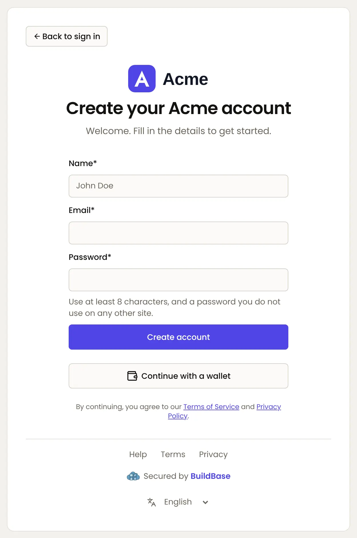 The live sign-up screen: the line saying that by signing up you agree to the Terms of service and Privacy policy, and Help, Terms and Privacy links at the foot of the card