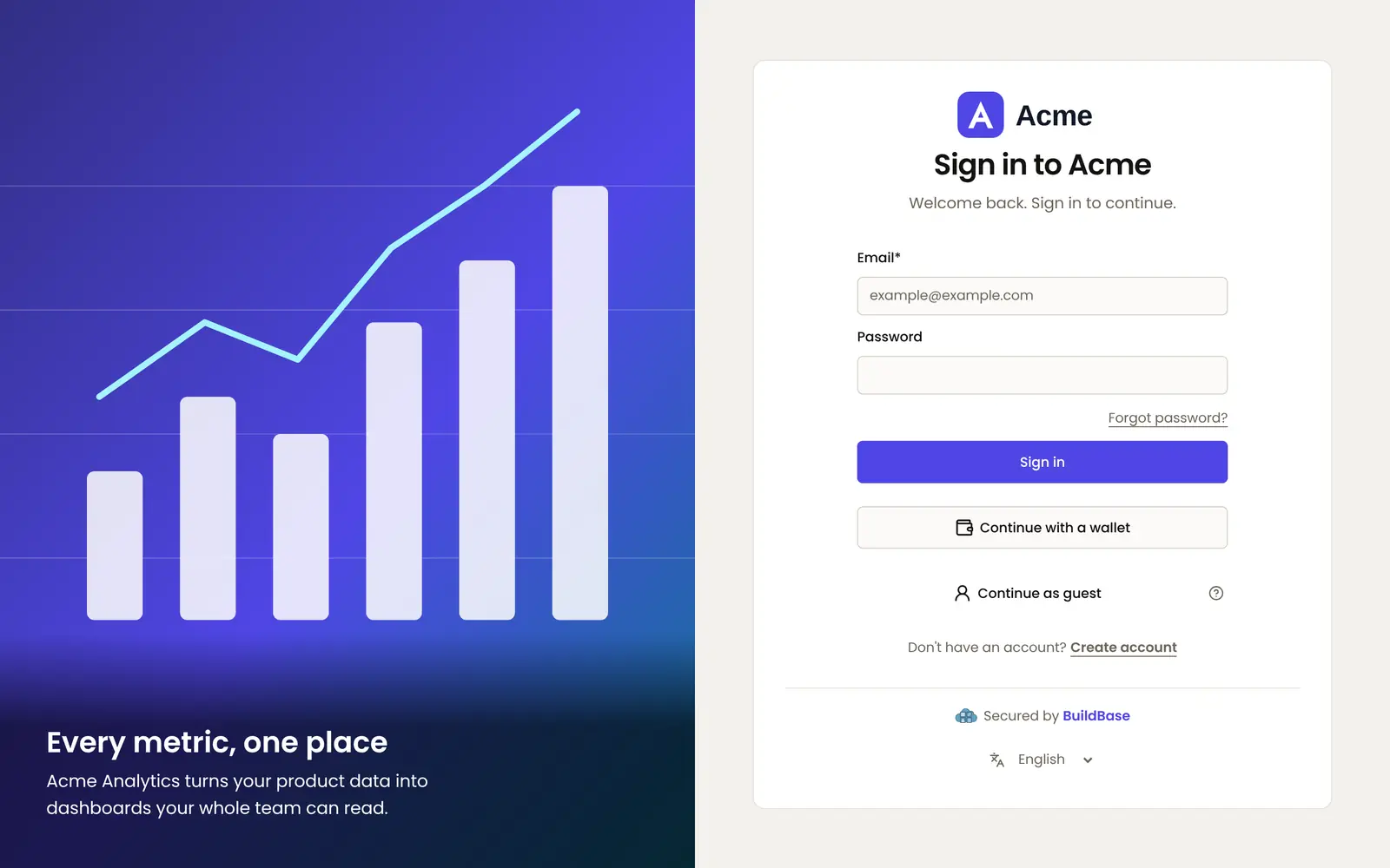 The live page as a split screen on a wide screen: the Acme panel image on the left with the headline Every metric, one place and its line, and the sign-in card centred in the right half