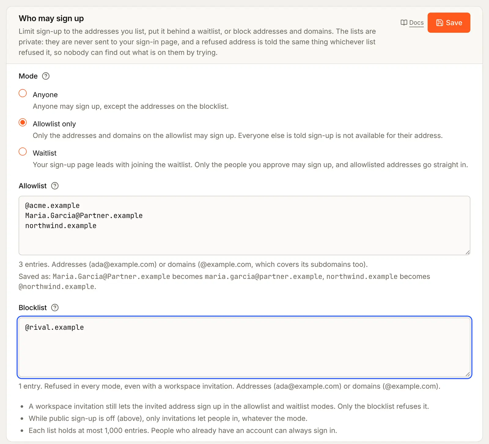 The Who may sign up card with Allowlist only chosen. The Allowlist holds @acme.example, Maria.Garcia@Partner.example and northwind.example, with a line saying how they will be saved (northwind.example becomes @northwind.example, capitals become small letters), and the Blocklist holds @rival.example