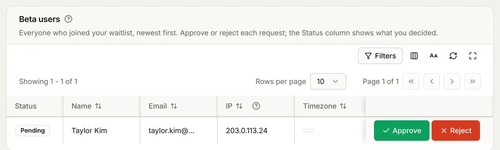 The Beta users list in the console: Taylor Kim, taylor.kim@northwind-labs.example, waiting, with Approve and Reject buttons