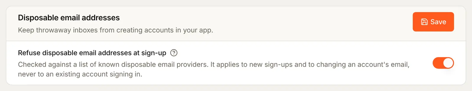 The Disposable email addresses card on the Security tab with Refuse disposable email addresses at sign-up switched on: it is checked against a list of known disposable email providers, for new sign-ups and email changes, never for an existing account signing in