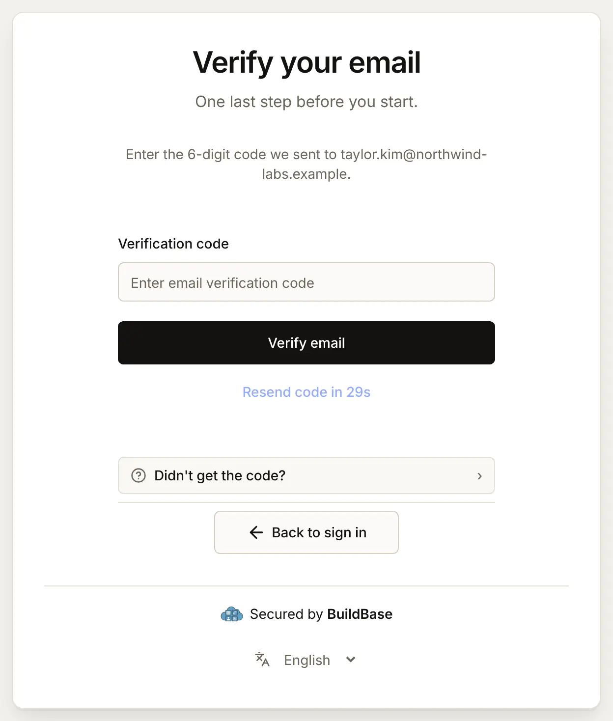 Taylor Kim, now approved, creates an account with taylor.kim@northwind-labs.example: the page goes straight on to Verify your email, with the 6-digit code box