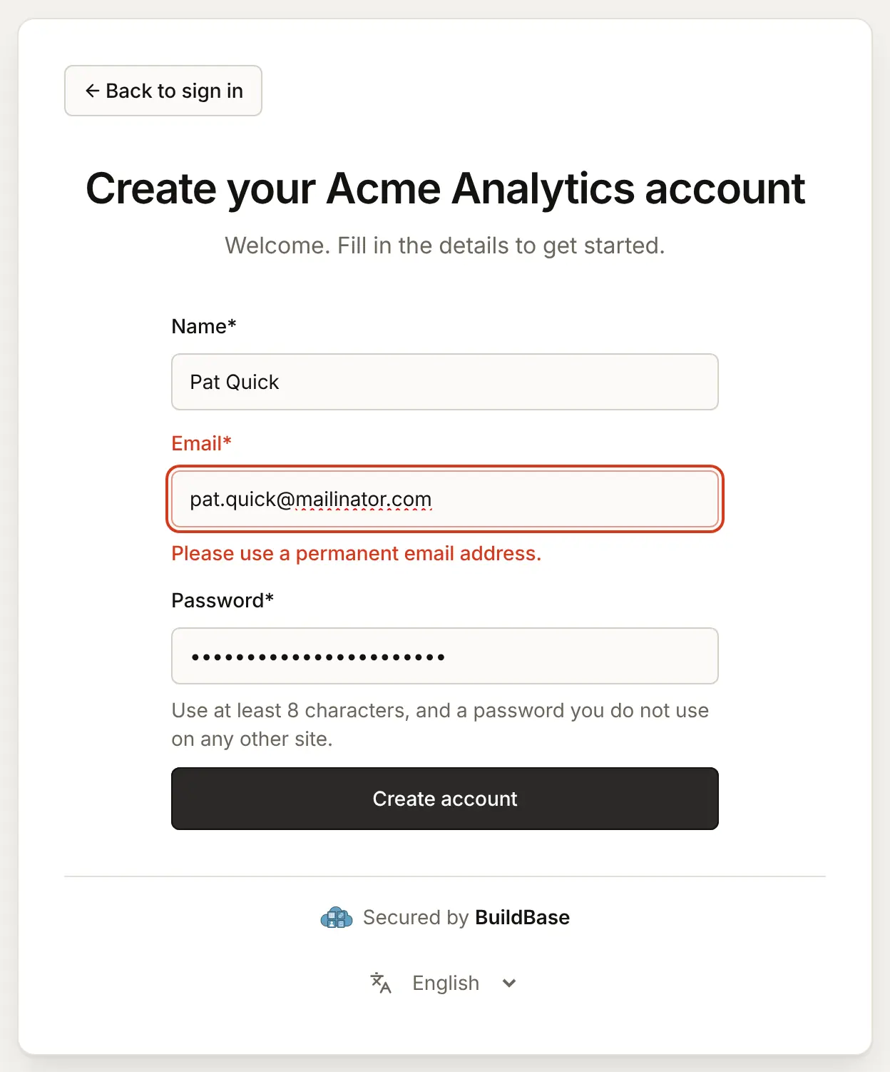Create account refused for an address at mailinator.com, a throwaway inbox service: "Please use a permanent email address."