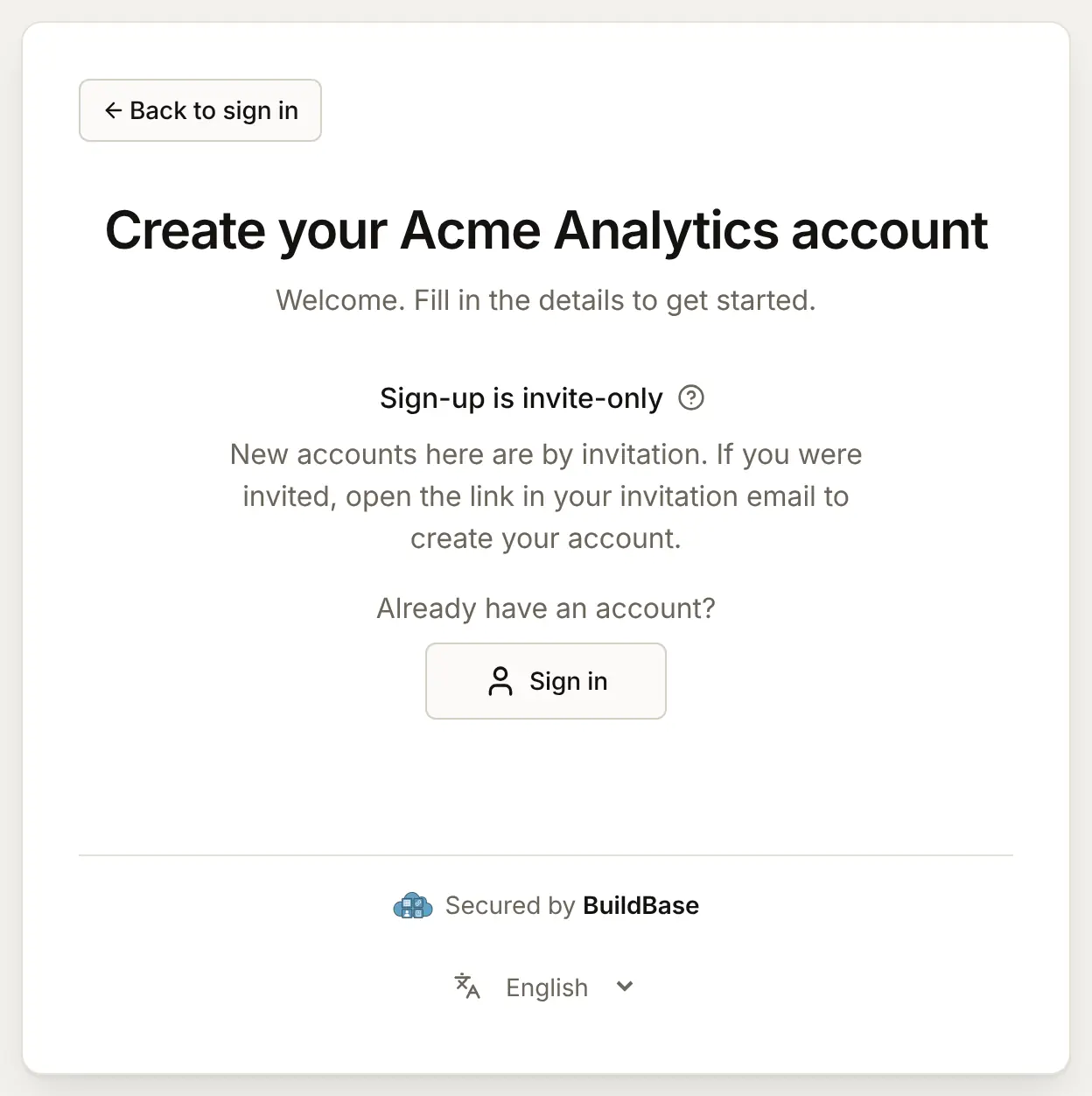 The Create account page while public sign-up is off: "Sign-up is invite-only. New accounts here are by invitation. If you were invited, open the link in your invitation email to create your account", with a How do I get an invitation? help line and a way back to sign in
