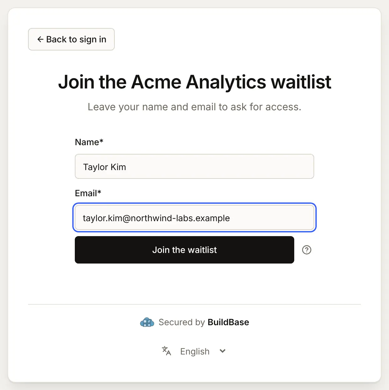 Join the Acme Analytics waitlist: a name, Taylor Kim, and an email, taylor.kim@northwind-labs.example, with a Join the waitlist button and a What happens next? help line
